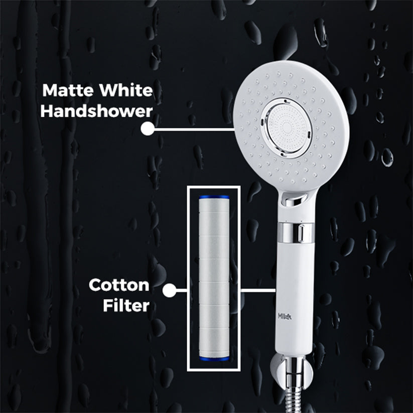 MILA Blanc Hand Shower - MBHC0204WT, Matt White Hand Shower, Multi Function, 3 Function Filter Shower: Rain/Center Water/Slow Stop Water